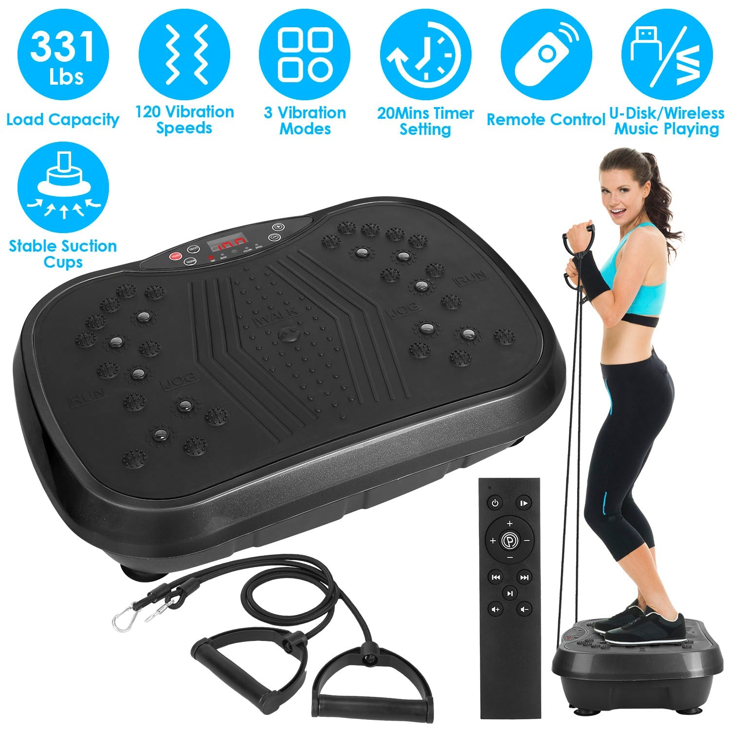 Vibration Exercise Machine Vibrating Plate Platform Whole Body Fitness Vibration Workout Equipment with 120 Speeds 1-20Mins Timer Resistant Bands Remo