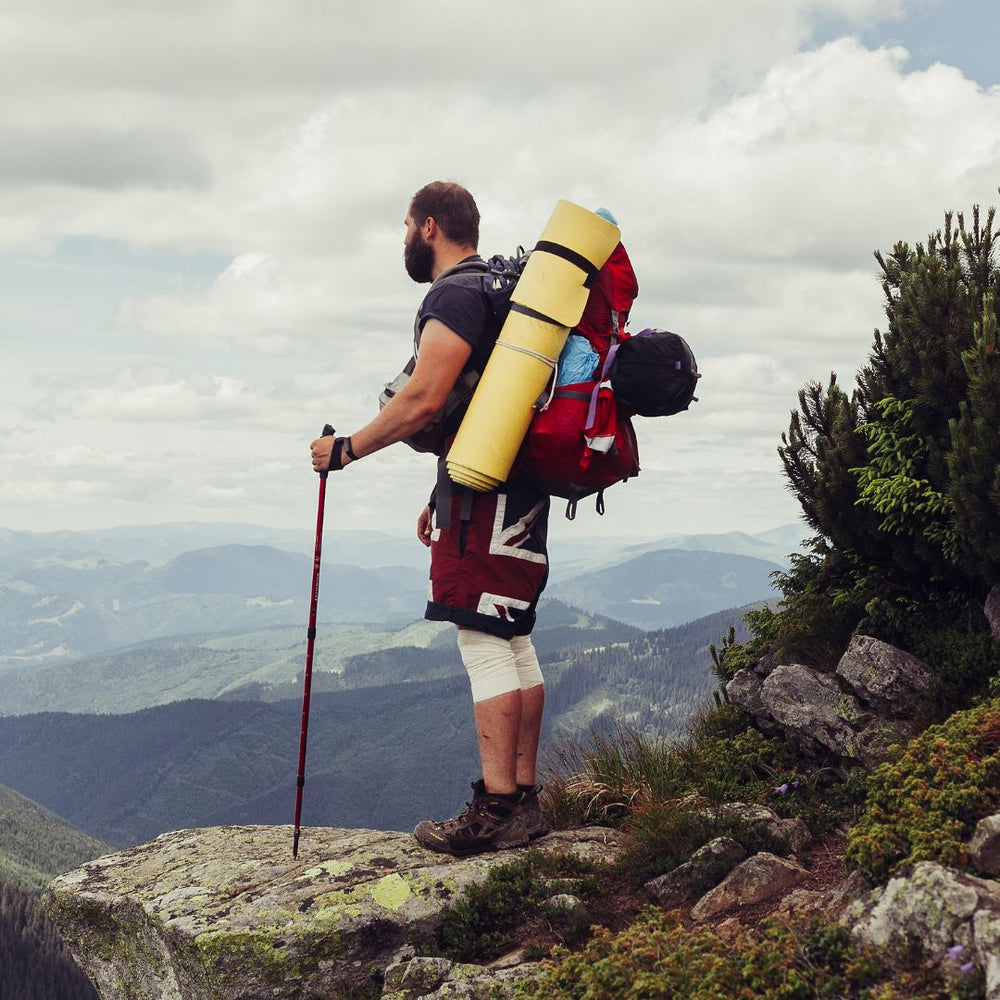 Hiker with a backpack and walking stick overlooking a mountain landscape
